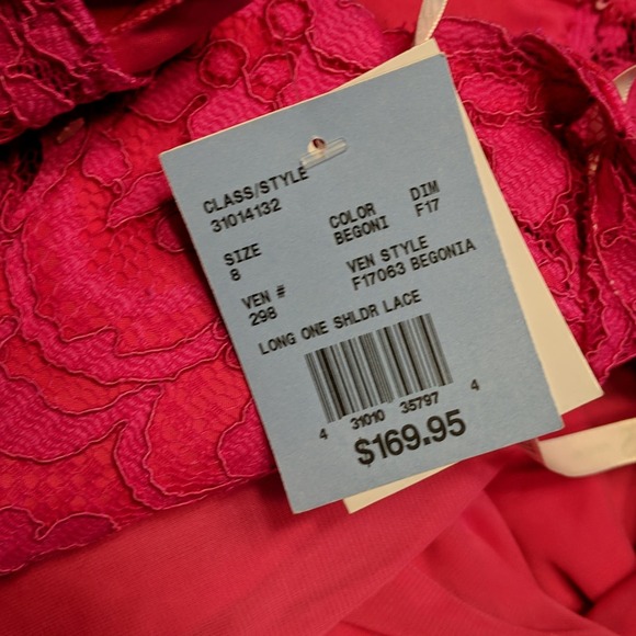 David's Bridal Long One Shoulder Lace Dress Begonia Pink Size 8 NEW - Picture 4 of 8